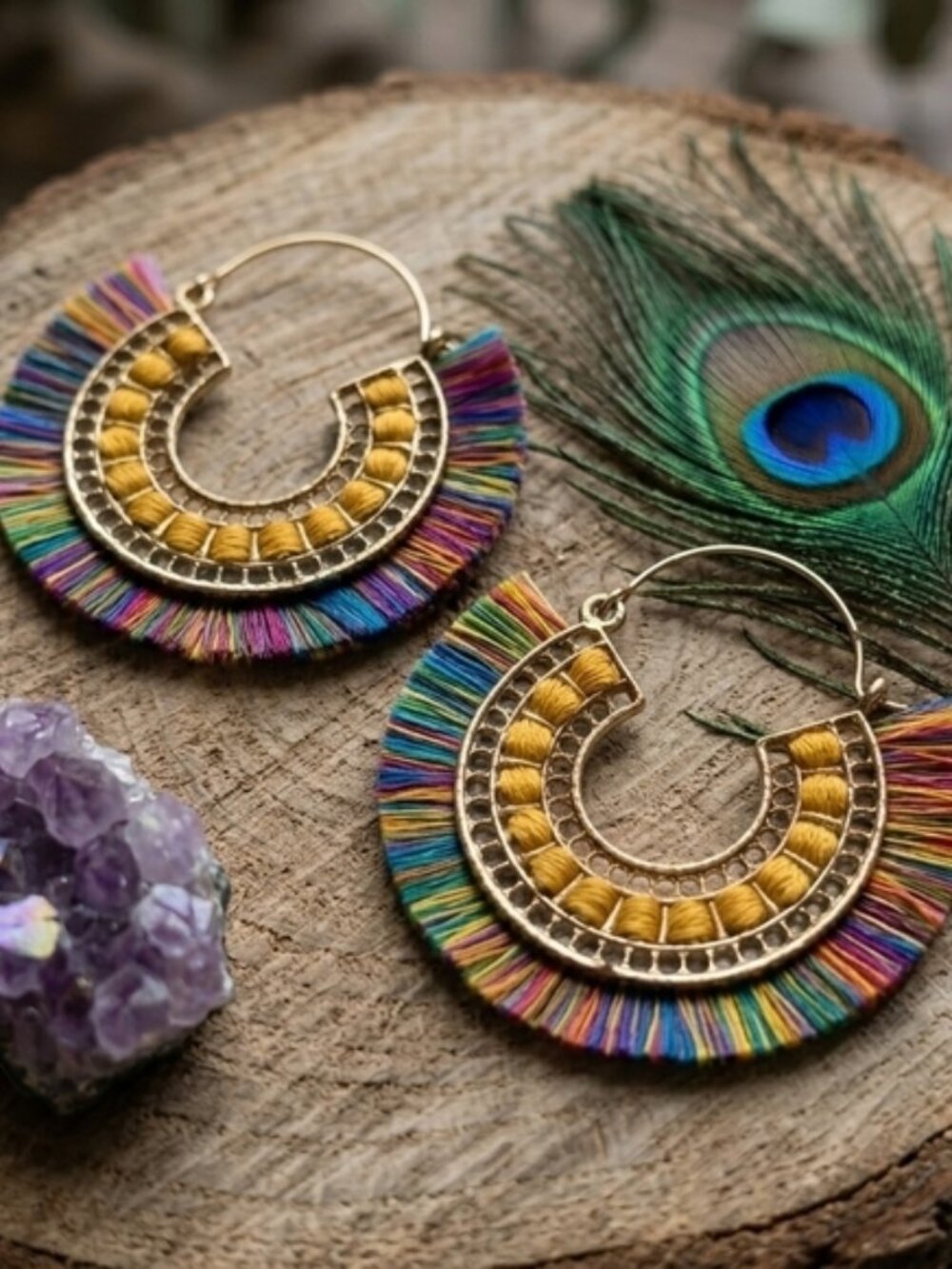 Boho Rainbow Fringe Crescent Hoops Gold Tone Artisan Tassel Festival 2.5"